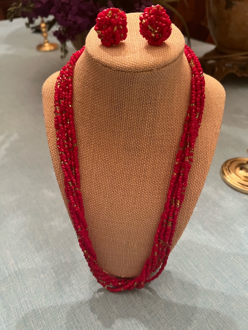 Red and gold multi strand seed bead necklace and post earrings set